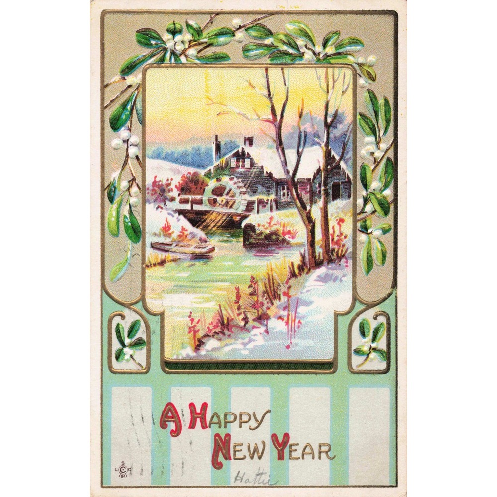 Vintage 1911 Happy New Year Postcard Embossed Water Mill Mistletoe 1c Stamp VG - Picture 1 of 2